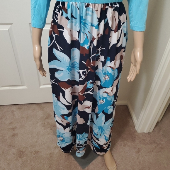WNEEDU L aqua blue quarter sleeve scoopneck maxi floral skirt pockets - Picture 3 of 10
